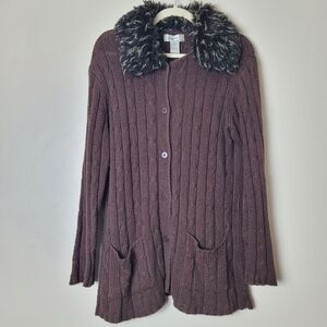 KIKIT Vintage 90s Brown Knit Cozy Fuzzy Sweater with Fur Collar